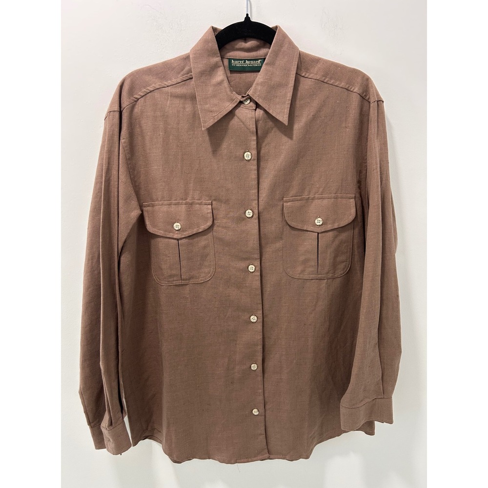 Harve Benard Men Brown Linen Cotton Button Down Shirt Long Sleeve M